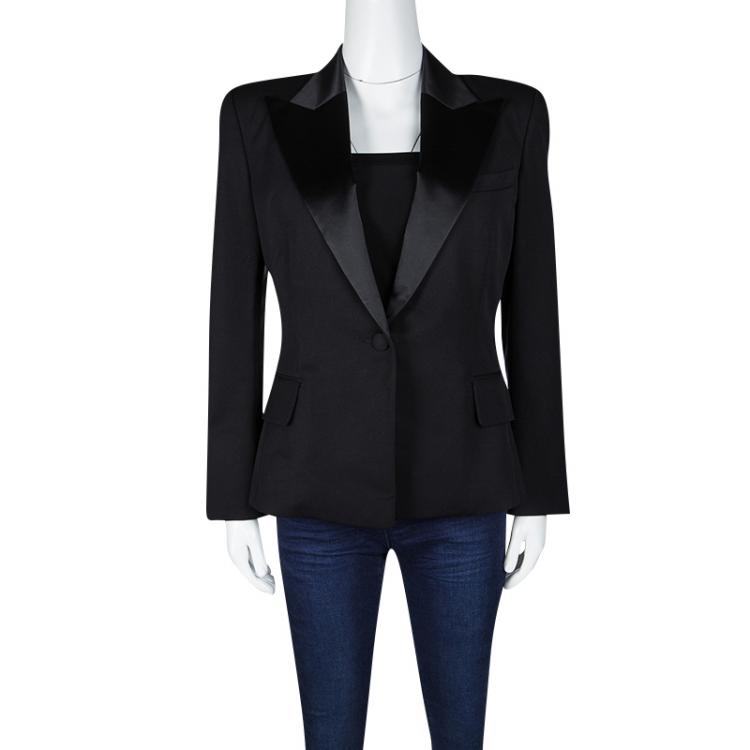 Pre Owned Balmain Black Wool Satin Collar Detail Power Shoulder Blazer L