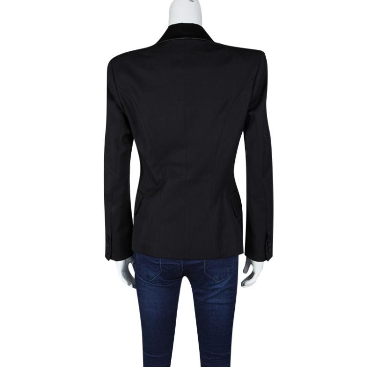 Pre Owned Balmain Black Wool Satin Collar Detail Power Shoulder Blazer L