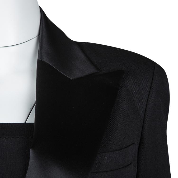 Pre Owned Balmain Black Wool Satin Collar Detail Power Shoulder Blazer L