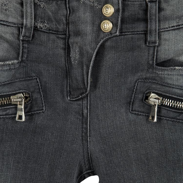 Pre Owned Balmain Grey Faded Effect Denim Logo Button Detail Distressed Jeans S