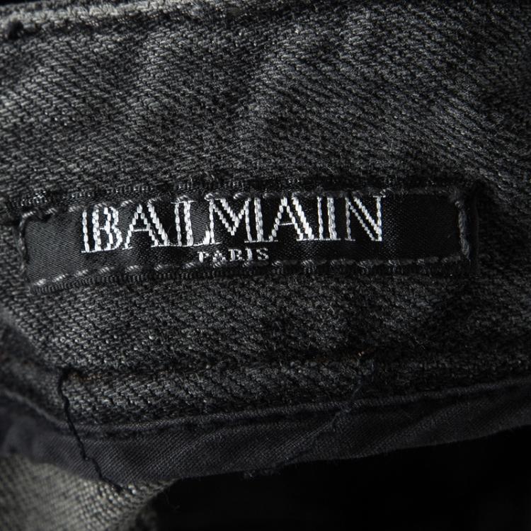 Pre Owned Balmain Grey Faded Effect Denim Logo Button Detail Distressed Jeans S