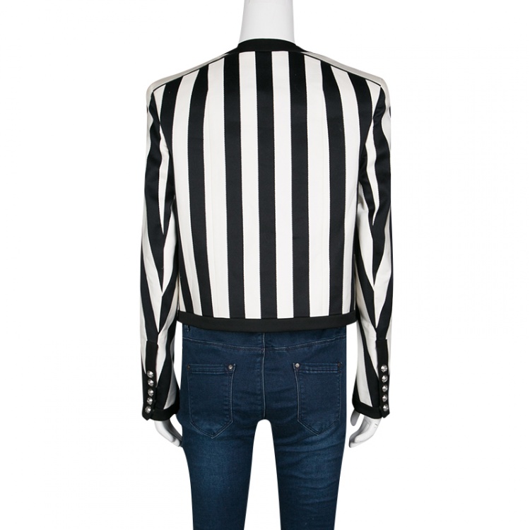 Pre Owned Balmain Monochrome Striped Open Front Blazer M
