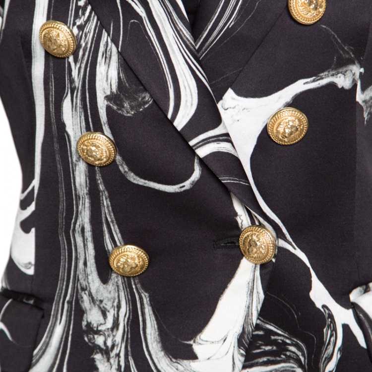 Pre Owned Balmain Black Marble Printed Satin Double Breasted Blazer S