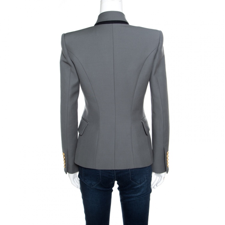 Pre Owned Balmain Grey Wool Logo Button Detail Double Breasted Blazer S