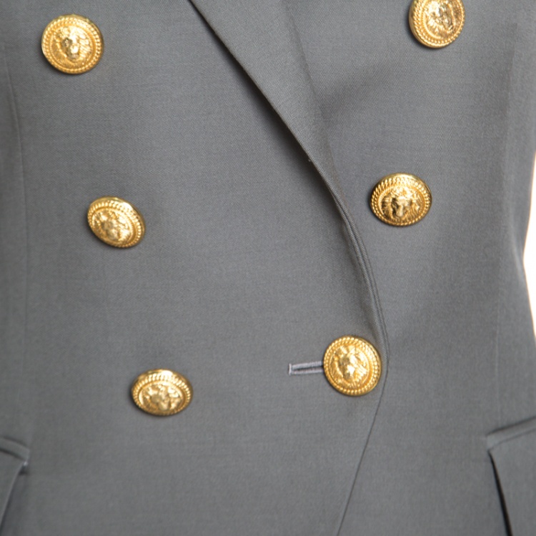 Pre Owned Balmain Grey Wool Logo Button Detail Double Breasted Blazer S