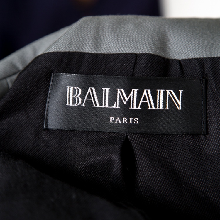 Pre Owned Balmain Grey Wool Logo Button Detail Double Breasted Blazer S
