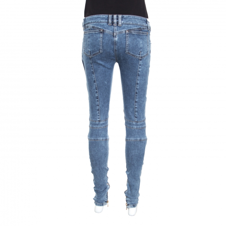 Pre Owned Balmain Indigo Washed Denim Pin-tucked Panel Zip Detail Skinny Biker Jeans S