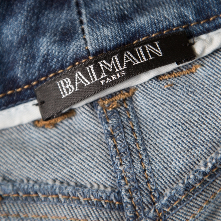 Pre Owned Balmain Indigo Washed Denim Pin-tucked Panel Zip Detail Skinny Biker Jeans S