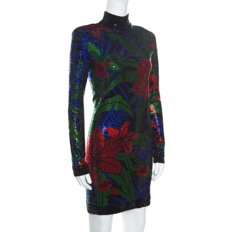 Pre Owned Balmain Multicolored Hot Tropical Crystal Embellished Sheath Dress M