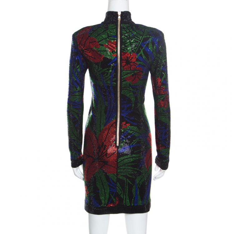 Pre Owned Balmain Multicolored Hot Tropical Crystal Embellished Sheath Dress M
