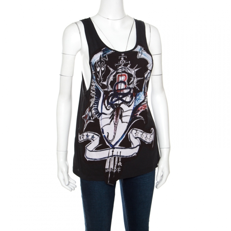 Pre Owned Balmain Dark Green Scorpion Printed Applique Detail Cotton Tank Top S