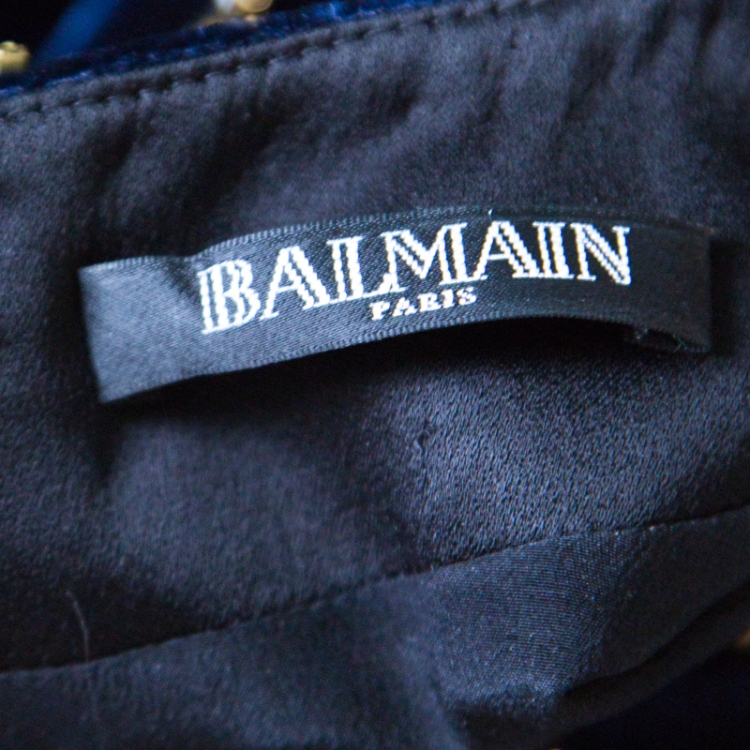 Pre Owned Balmain Navy Blue Velvet Crystal Embellished Long Sleeve Mini Dress M