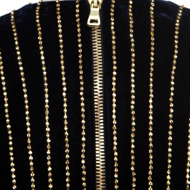 Pre Owned Balmain Navy Blue Velvet Crystal Embellished Long Sleeve Mini Dress M