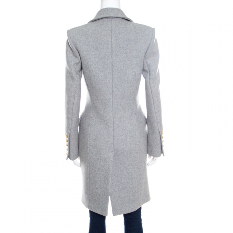 Pre Owned Balmain Grey Wool and Cashmere Gold Button Detail Double Breasted Overcoat S