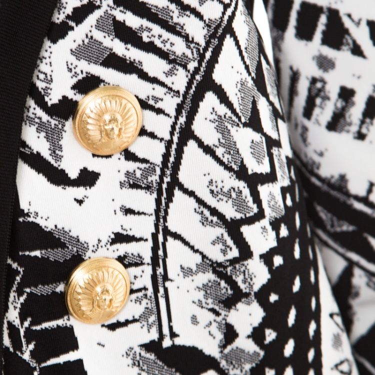 Pre Owned Balmain Monochrome Folkloric Patterned Jacquard Open Front Cropped Blazer L