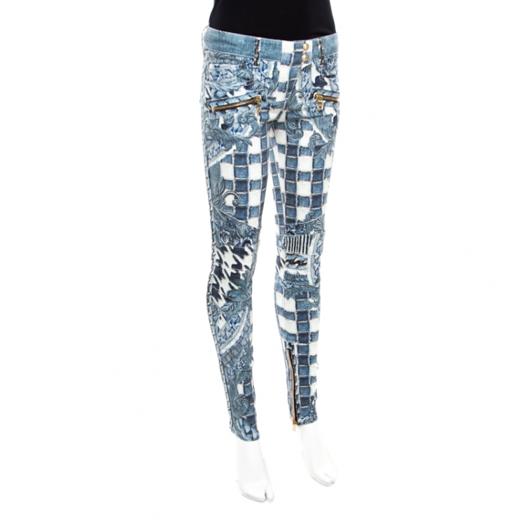 Pre Owned Balmain Indigo Light Washed Denim Baroque Printed Skinny Biker Jeans S
