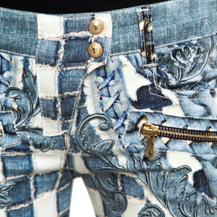 Pre Owned Balmain Indigo Light Washed Denim Baroque Printed Skinny Biker Jeans S
