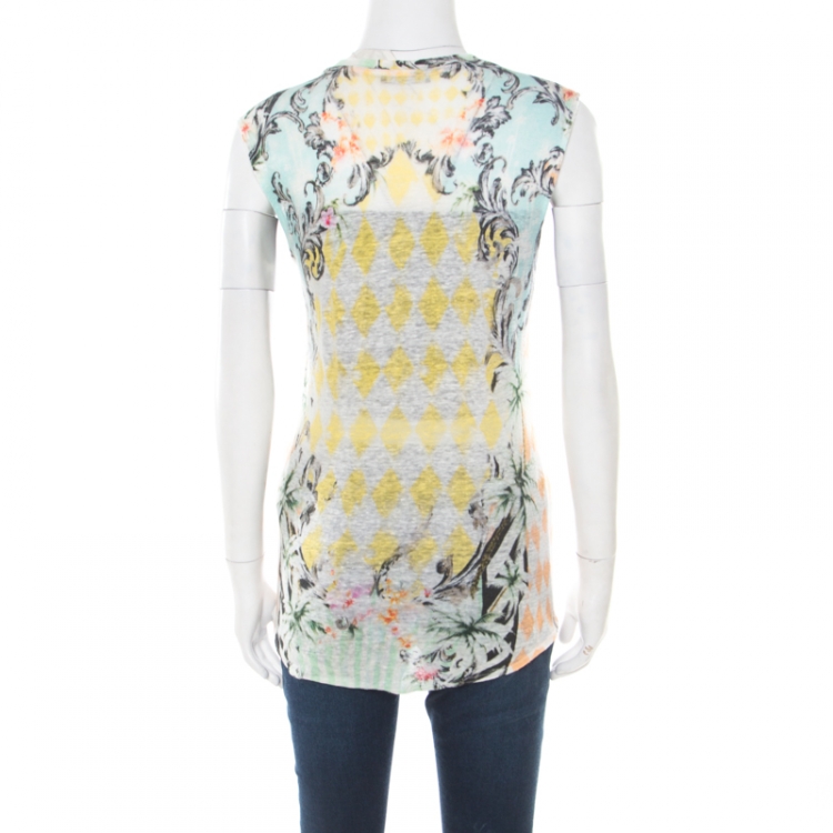 Pre Owned Balmain Multicolor Floral and Harlequin Check Printed Linen Jersey Tank Top S