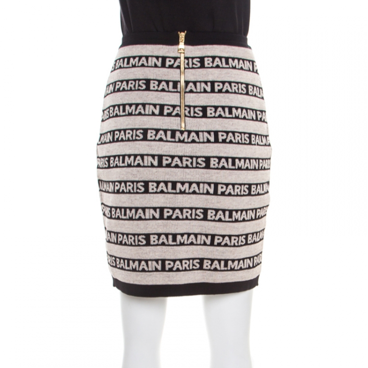 Pre Owned Balmain Beige and Black Jacquard Logo Knit Striped Bodycon Skirt M