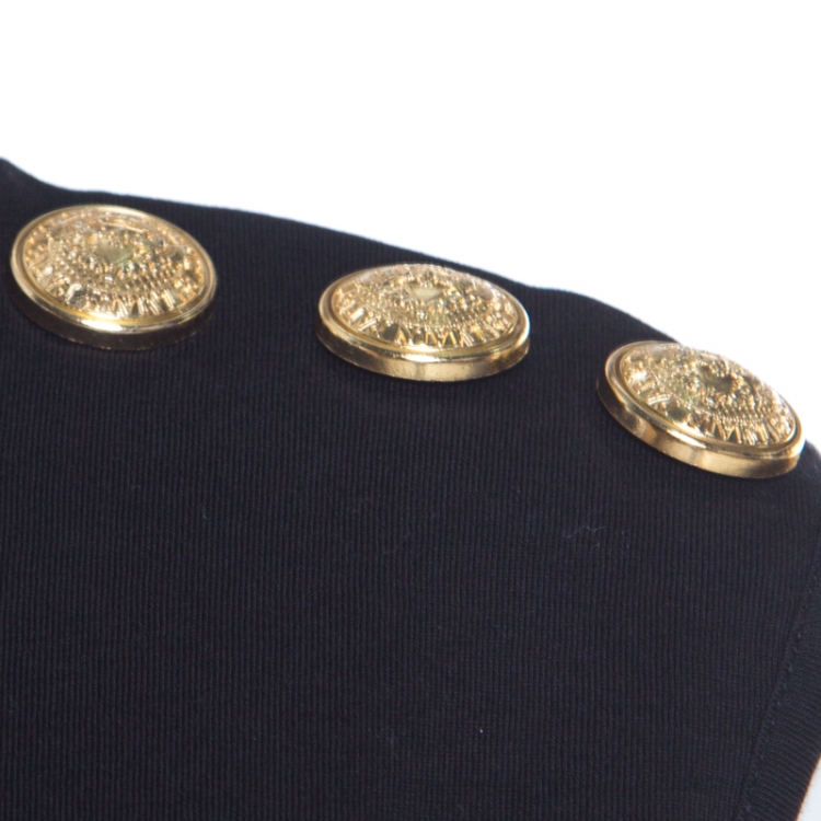 Pre Owned Balmain Black Cotton Shoulder Logo Button Detail Sleeveless T-Shirt S 