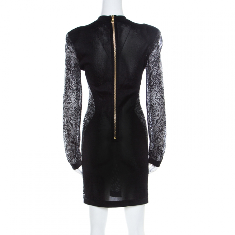Pre Owned Balmain Black Sheer Lace Paneled Mini Bodycon Dress M