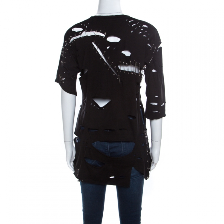 Pre Owned Balmain Black Cotton Safety Pin Embelliished Cut Out Top S