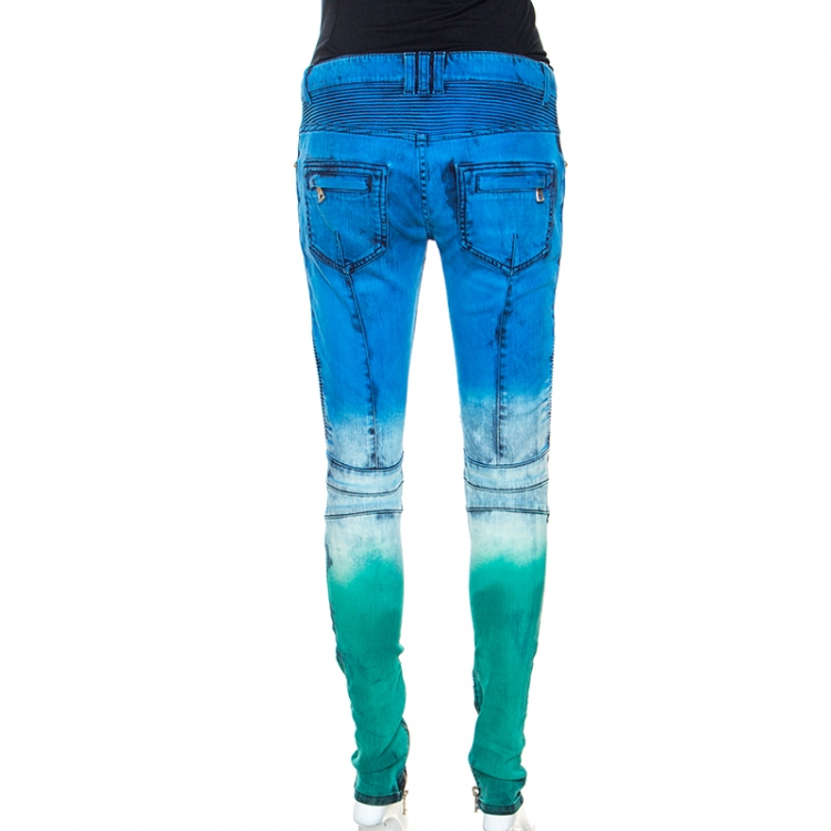 Pre Owned Balmain Multicolor Tie Dye Denim Zip Detail Biker Jeans M