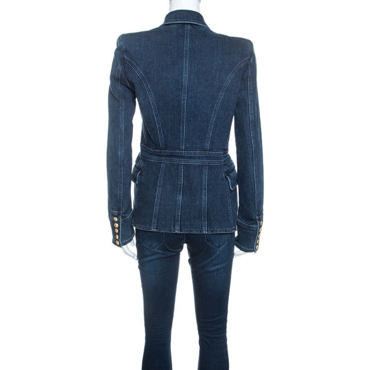 Pre Owned Balmain Blue Denim Double Breasted Blazer M