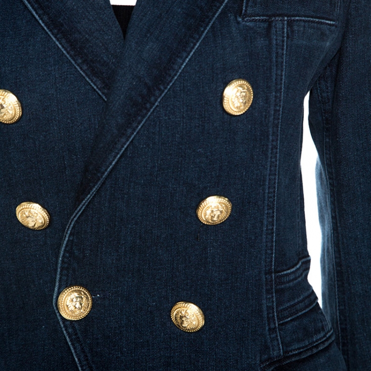 Pre Owned Balmain Blue Denim Double Breasted Blazer M