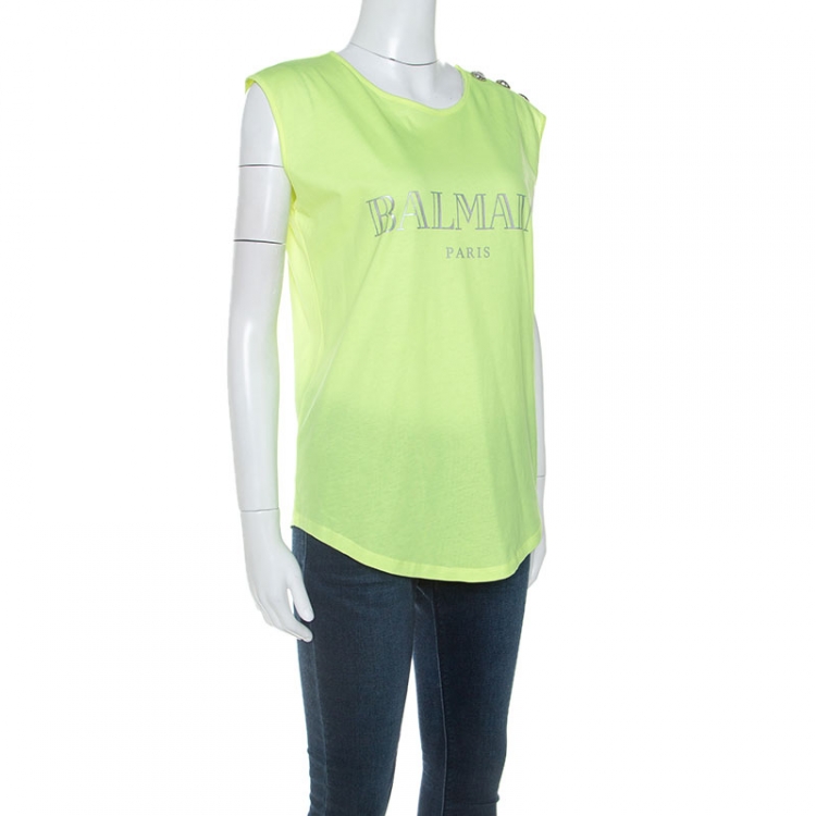Pre Owned Balmain Neon Yellow Logo Print Cotton Sleeveless T-Shirt M