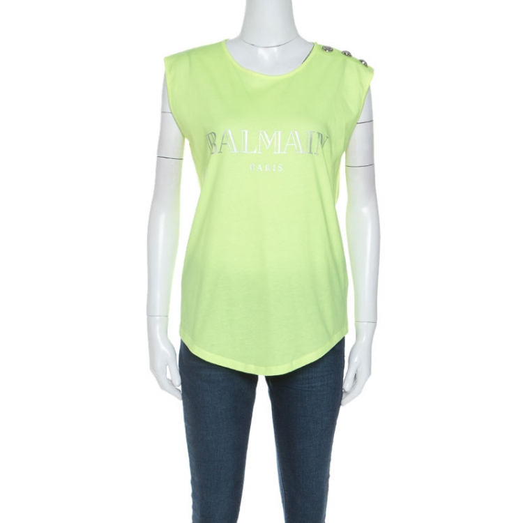 Pre Owned Balmain Neon Yellow Logo Print Cotton Sleeveless T-Shirt M