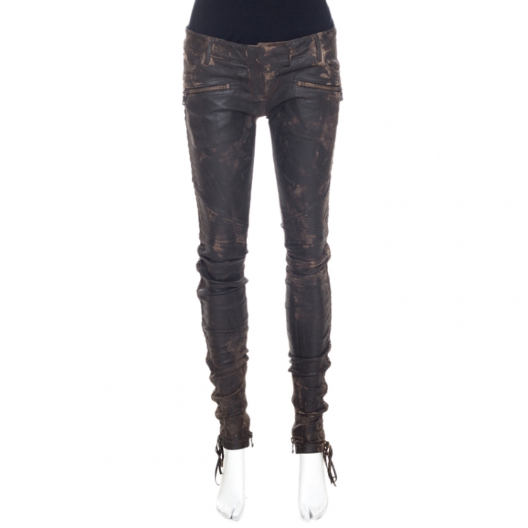 Balmain Brown Distressed Leather Side Lace Up Pants S Balmain | The Luxury  Closet