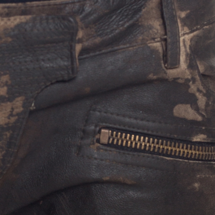 Pre Owned Balmain Brown Distressed Leather Side Lace Up Pants S