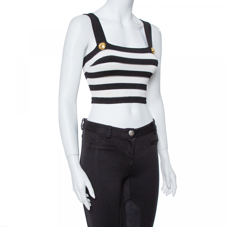Pre Owned Balmain Monochrome Striped Knit Crop Top S