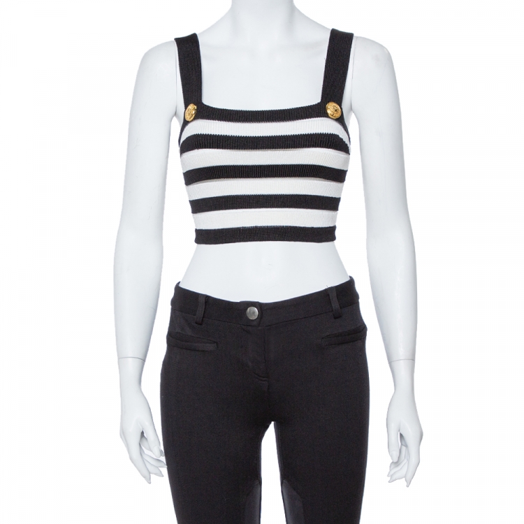 Pre Owned Balmain Monochrome Striped Knit Crop Top S