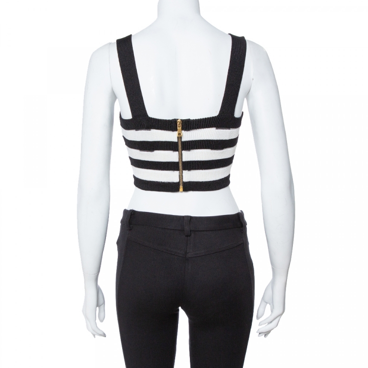 Pre Owned Balmain Monochrome Striped Knit Crop Top S