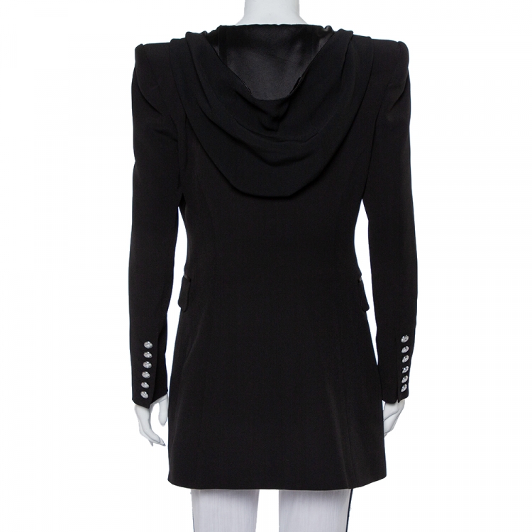 Pre Owned Balmain Black Crepe Double Breasted Hooded Mini Dress M