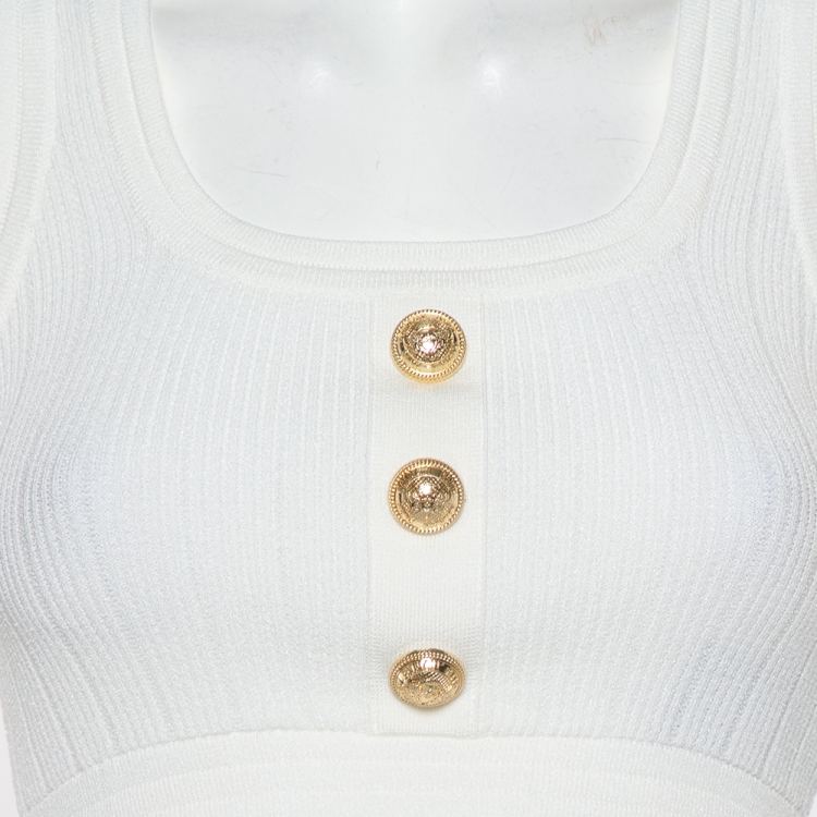 Pre Owned Balmain White Rib Knit Button Embellished Sleeveless Crop Top S