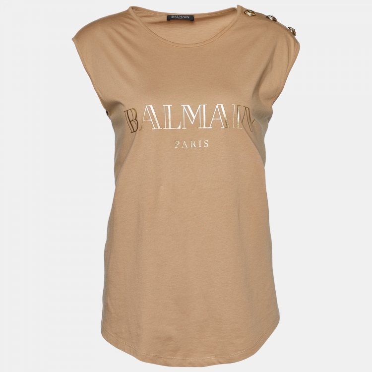 Pre Owned Balmain Dark Beige Logo Print Cotton Button Detail Tank Top M