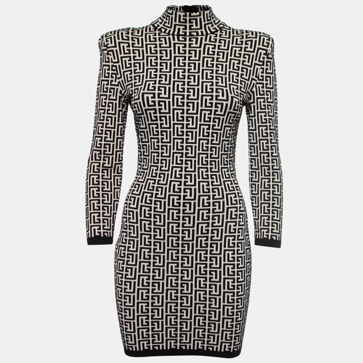 Pre Owned Balmain Monochrome Patterned Jacquard Wool Short Dress M