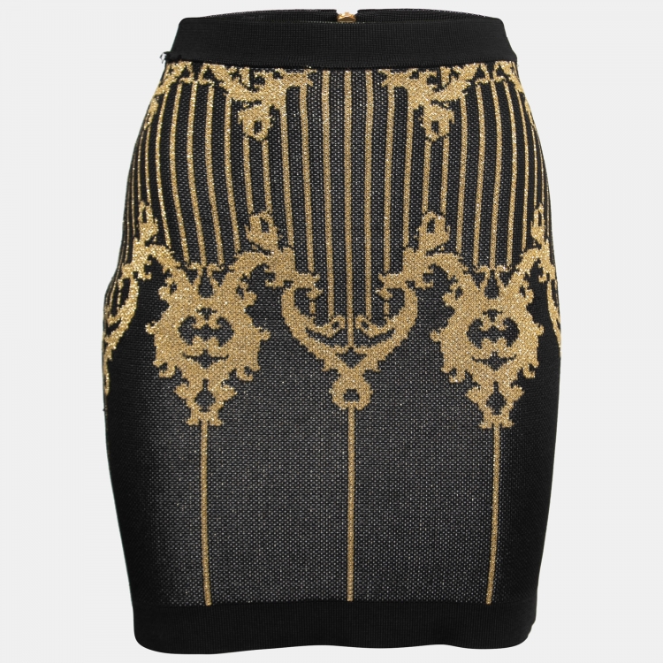 Pre Owned Balmain Black & Gold Baroque Patterned Lurex Knit Mini Skirt S