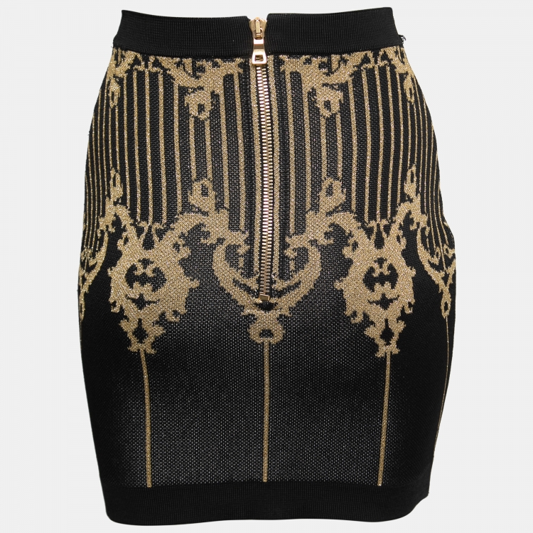 Pre Owned Balmain Black & Gold Baroque Patterned Lurex Knit Mini Skirt S