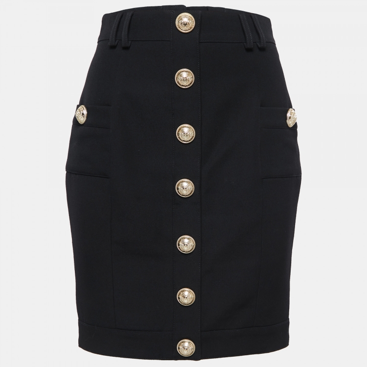 Pre Owned Balmain Black Crepe Button-Embellished Mini Skirt S