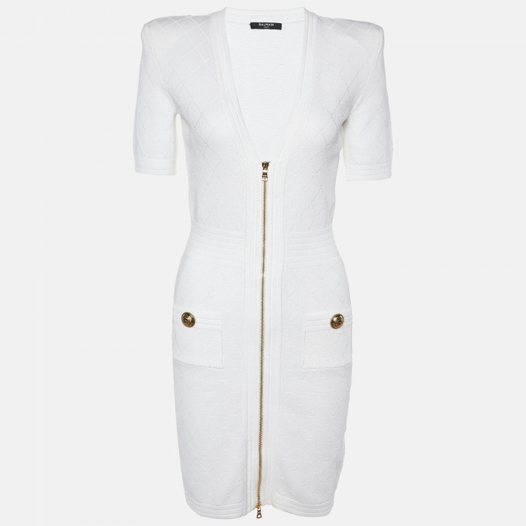 Pre Owned Balmain White Jacquard Knit Zip Front Short Dress S