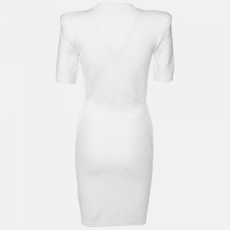Pre Owned Balmain White Jacquard Knit Zip Front Short Dress S