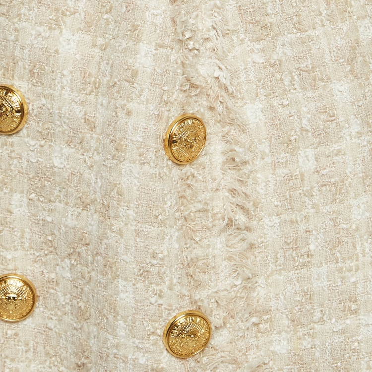 Pre Owned Balmain Off White Tweed Sleeveless Double Breasted Mini Dress S