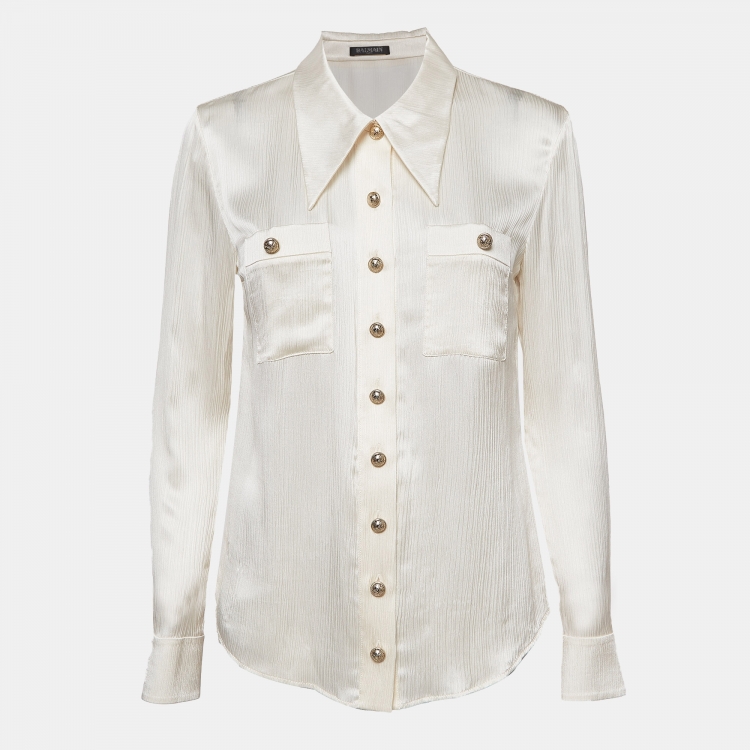 Pre Owned Balmain Ivory White Crinkle Silk Shirt S