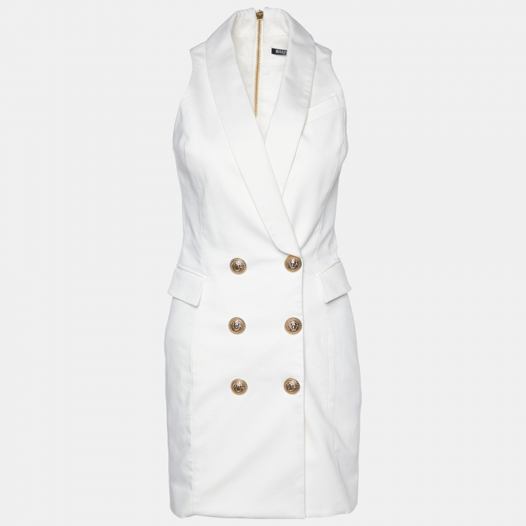 Pre Owned Balmain White Cotton Double Breasted Mini Dress S