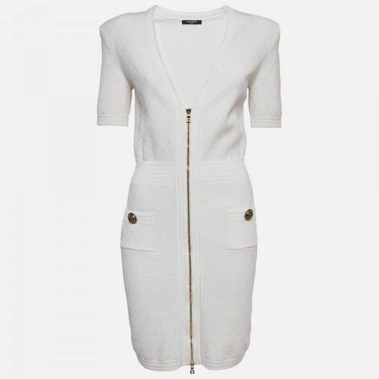 Pre Owned Balmain White Patterned Knit Zip Front Short Dress M