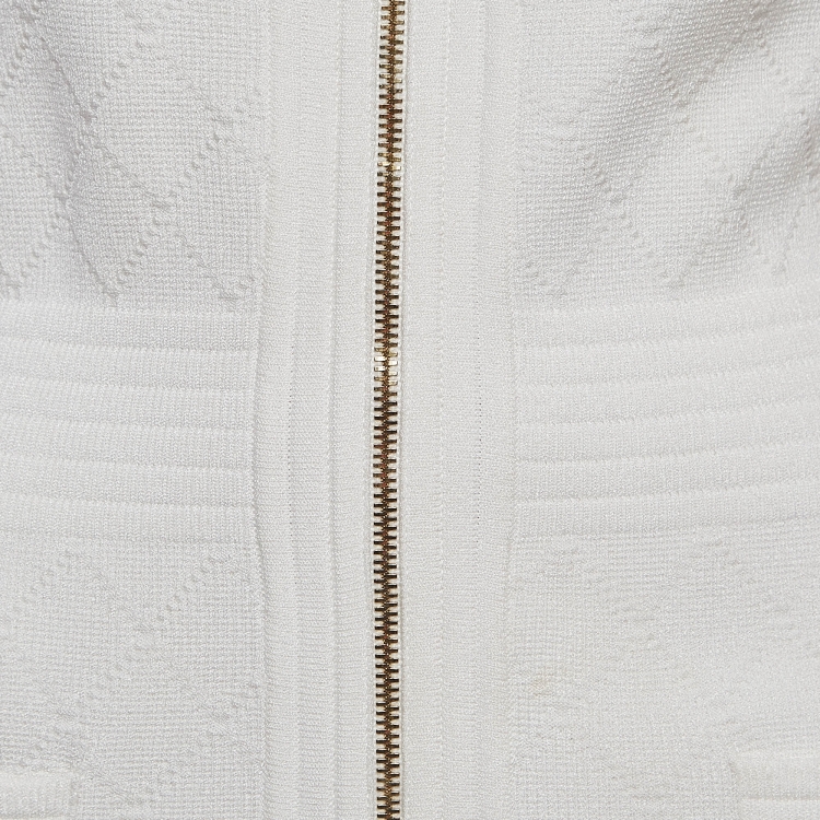 Pre Owned Balmain White Patterned Knit Zip Front Short Dress M